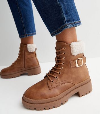 shearling trim lace up ankle boots