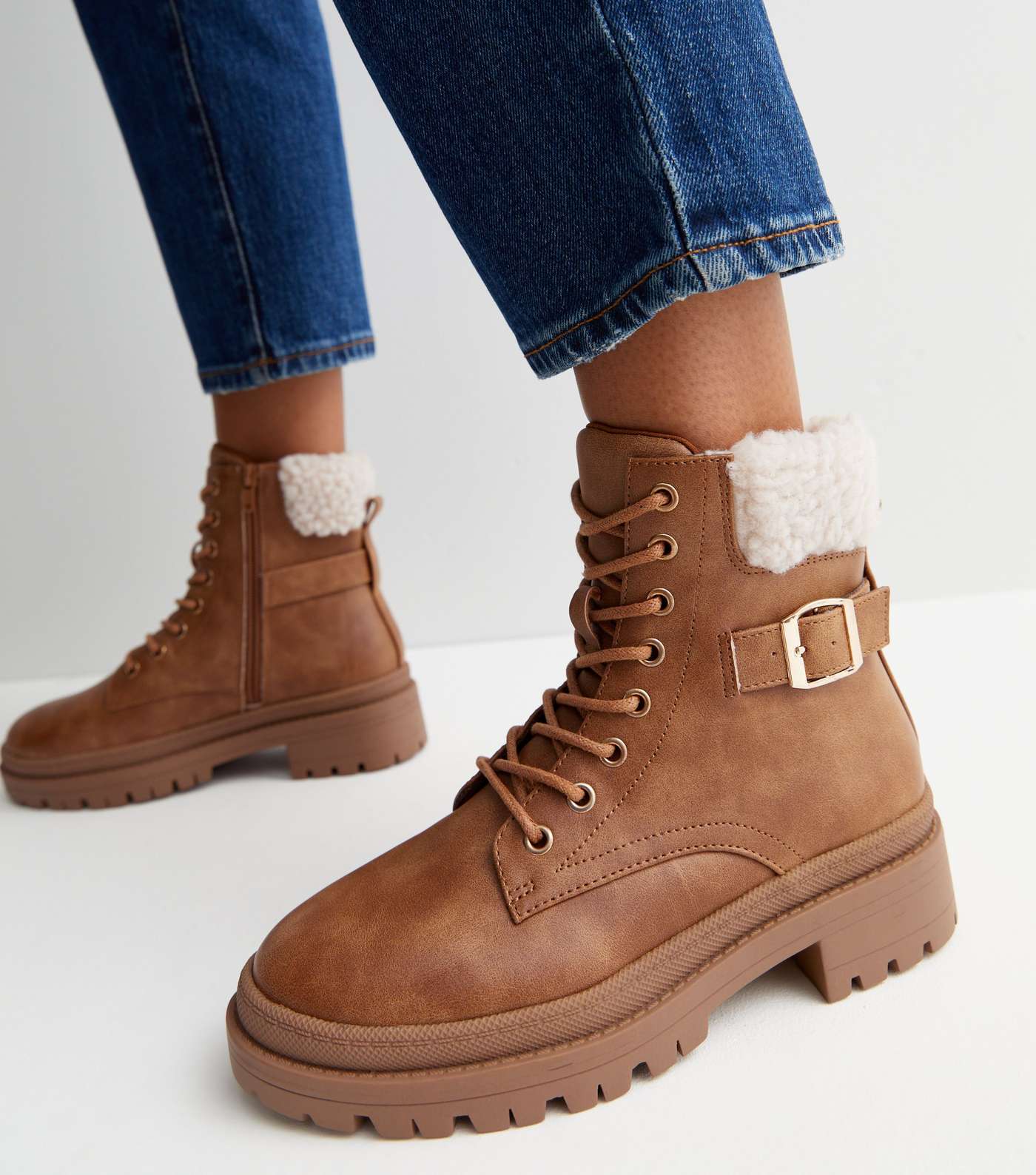 Tan Faux Shearling Trim Lace Up Chunky Boots Image 2