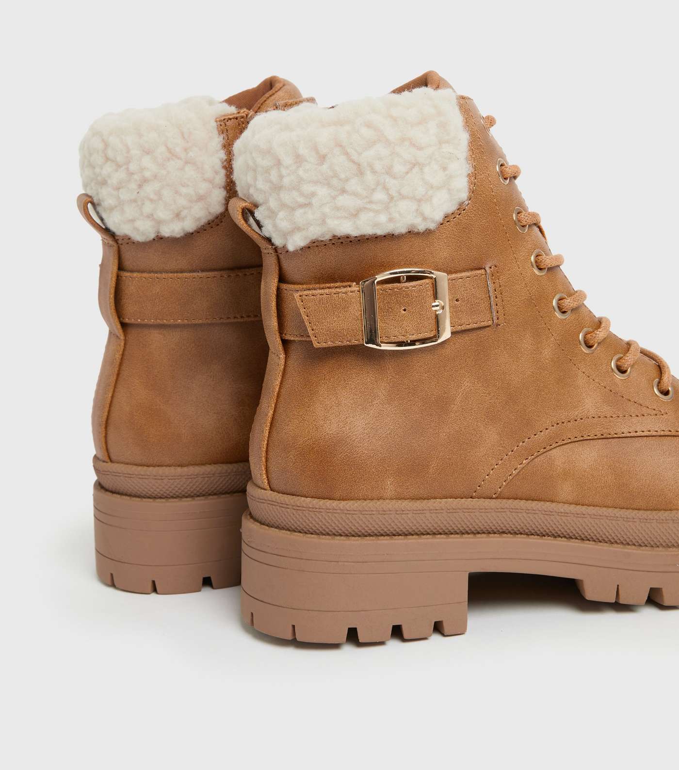 Tan Faux Shearling Trim Lace Up Chunky Boots Image 4
