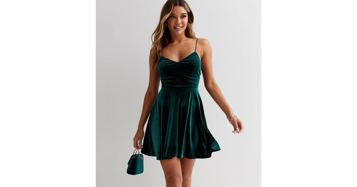 Dark Green Velvet V Neck Strappy Mini Skater Dress | New Look