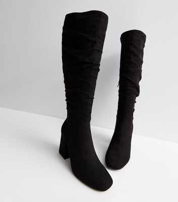 Black Suedette Ruched Block Heel Knee High Boots