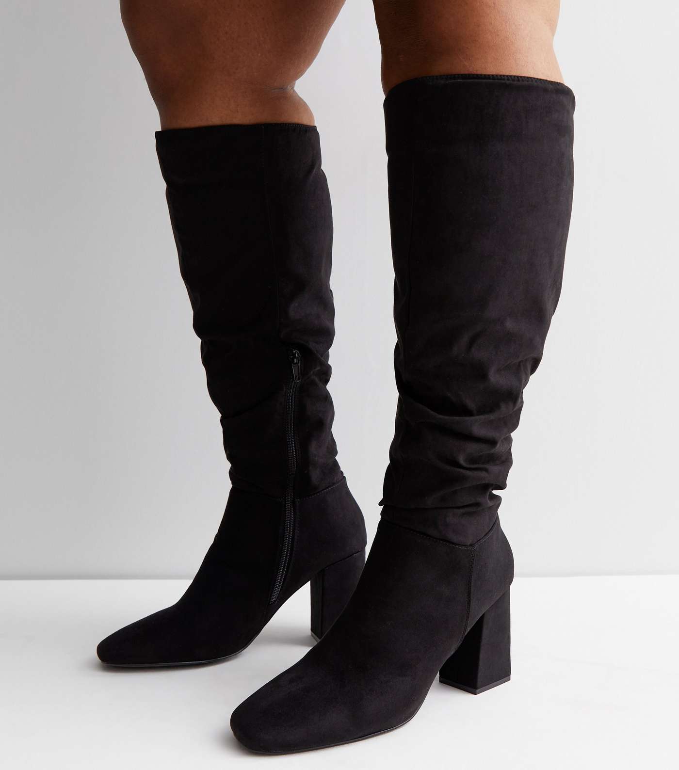 Black Suedette Ruched Block Heel Knee High Boots Image 2