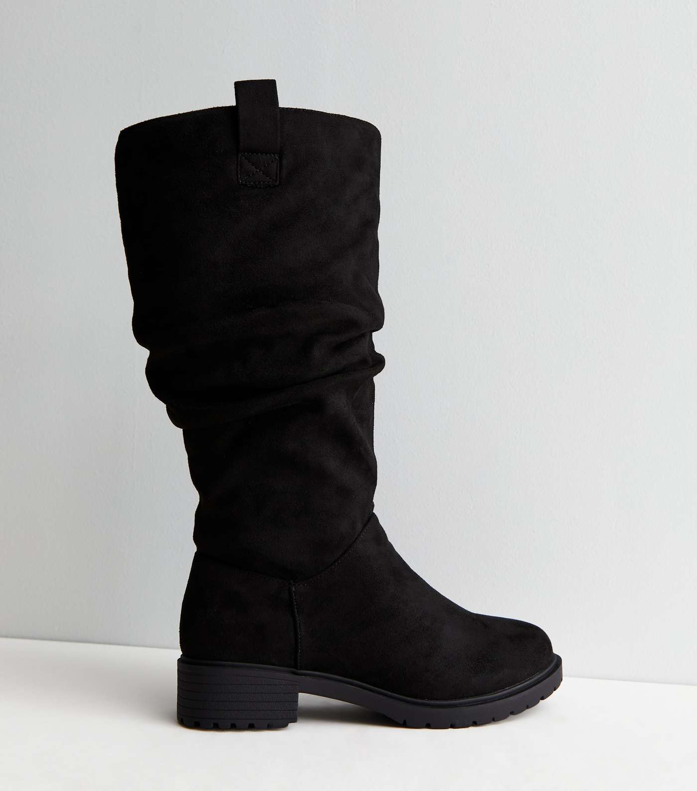 Wide Fit Extra Calf Fitting Black Suedette Knee High Chunky Slouch Boots