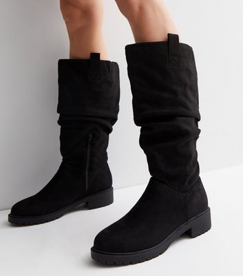 Black Suedette Knee High Chunky Slouch 
