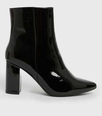 Black Patent Pointed Block Heel Ankle Boots