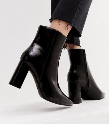 Black Patent Pointed Block Heel Ankle Boots New Look