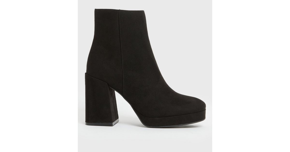 Black Suedette Square Toe Block Heel Platform Ankle Boots | New Look