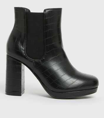 Wide Fit Black Faux Croc Block Heel Platform Chelsea Boots