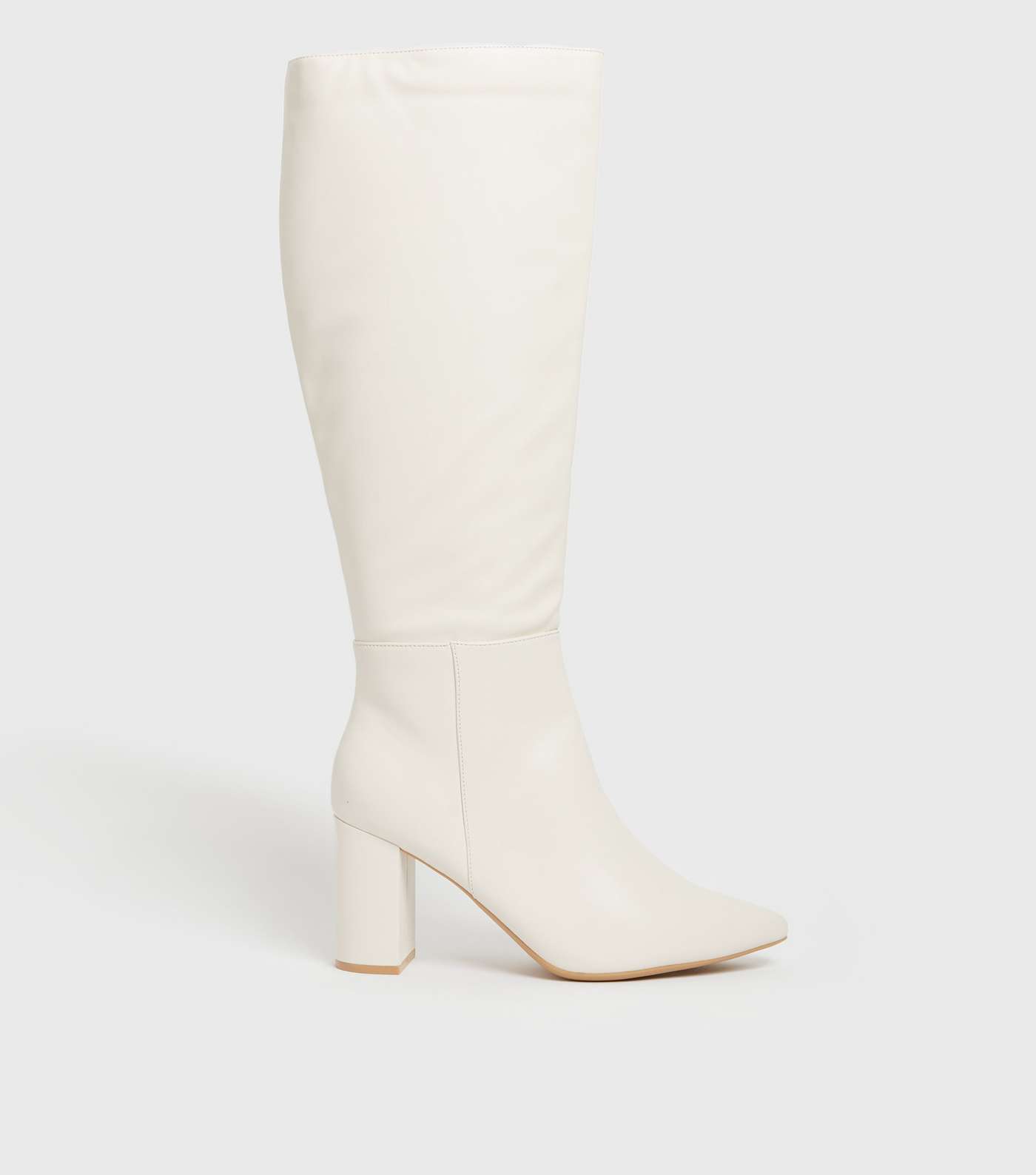 Off White Knee High Pointed Block Heel Boots
