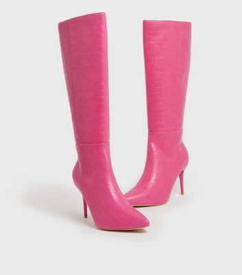 Bright Pink Faux Croc Stiletto Knee High Boots New Look