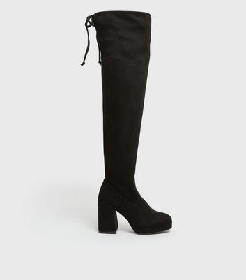 Black Suedette Knee High Platform Block Heel Boots | New Look