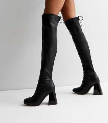 Black Over the Knee Flared Block Heel Stretch Boots