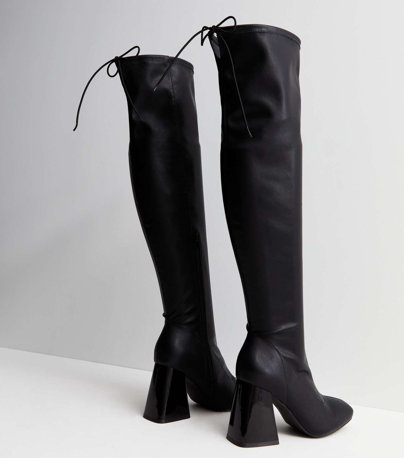 Black Over the Knee Flared Block Heel Stretch Boots Image 3