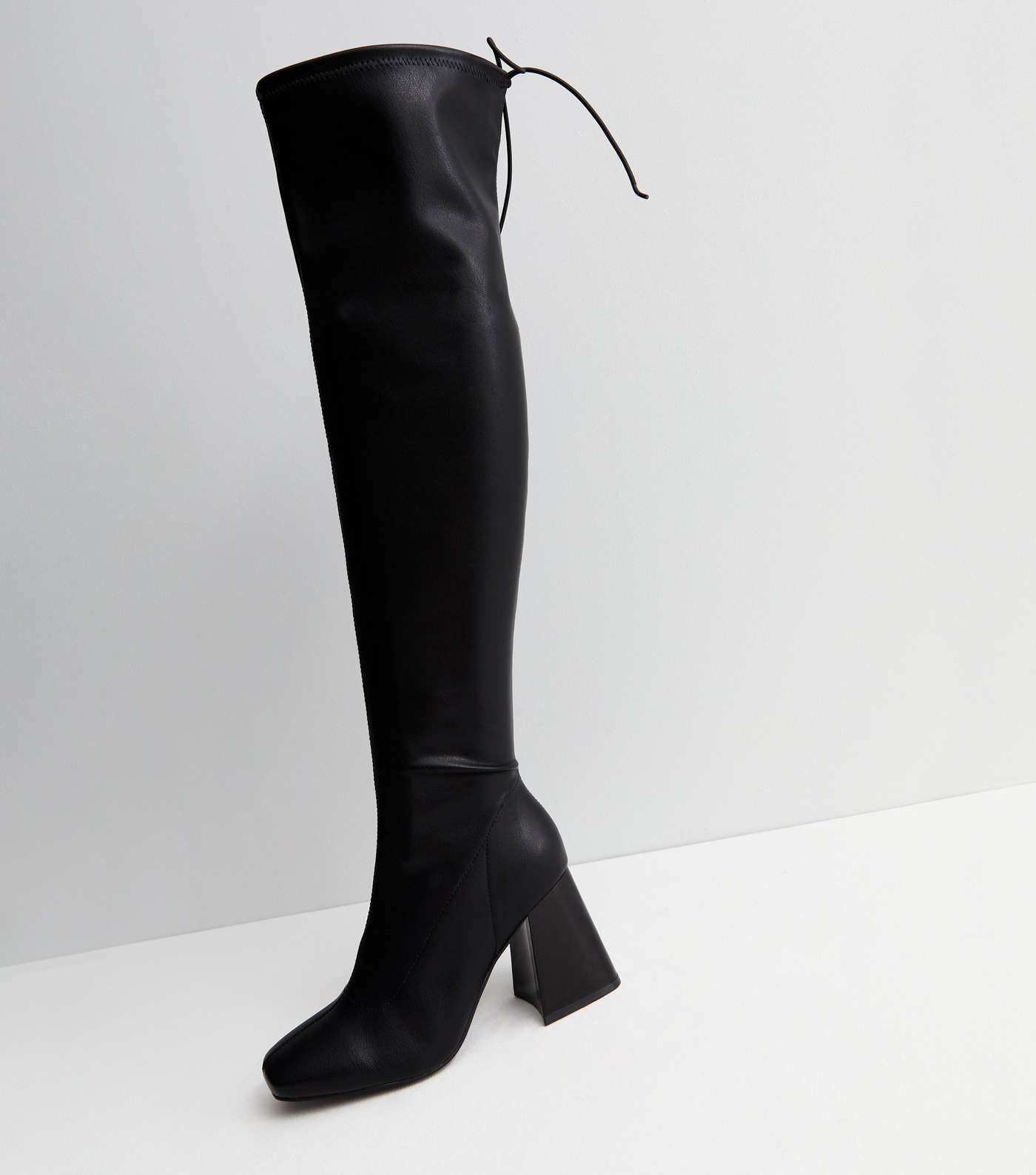 Black Over the Knee Flared Block Heel Stretch Boots Image 5