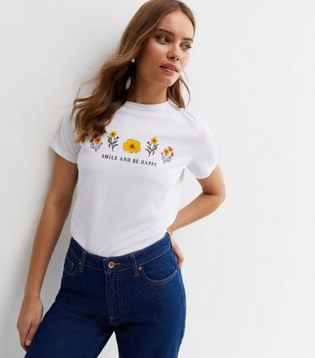 Damen Bekleidung White Floral Smile and Be Happy Logo T-Shirt