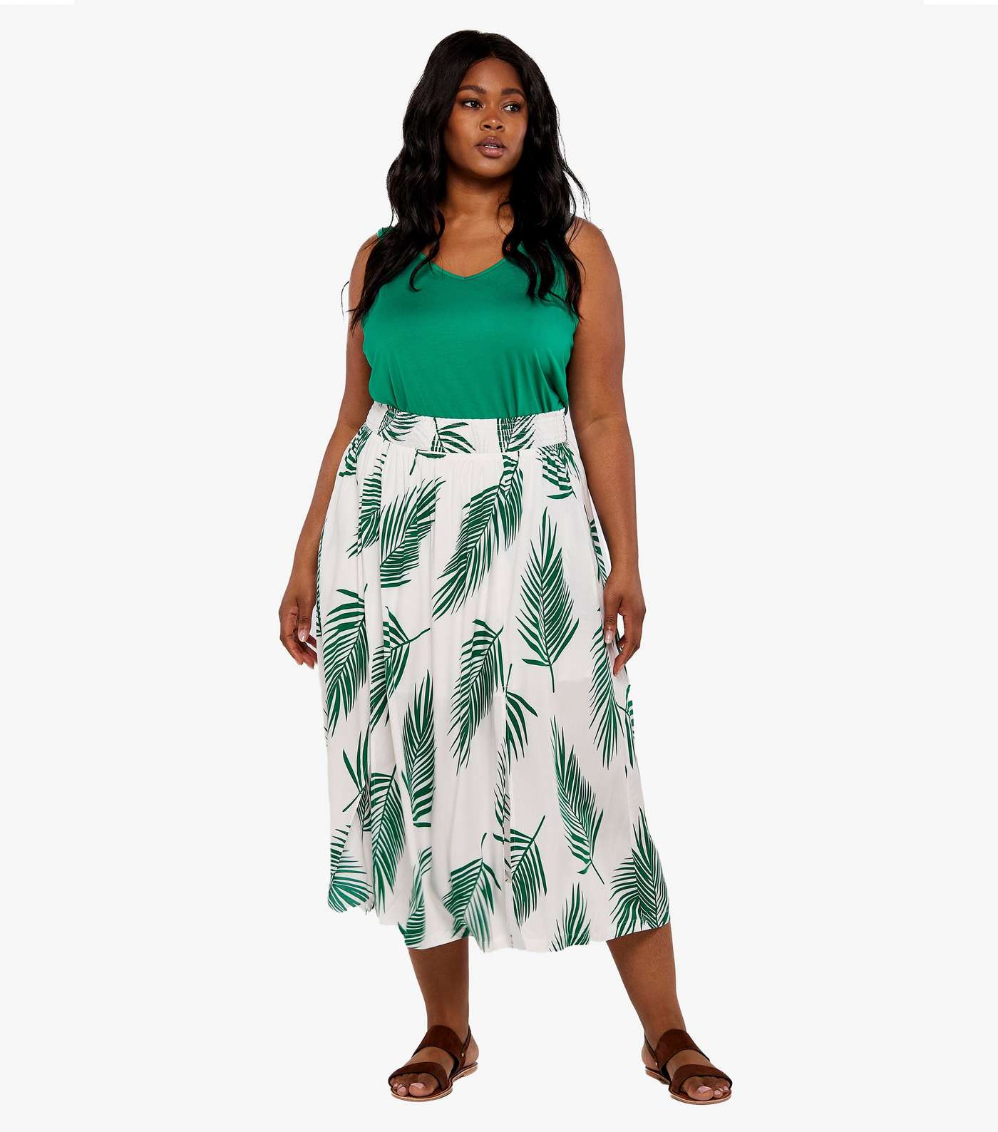 Apricot Curves White Palm High Waist Midi Skirt Image 2