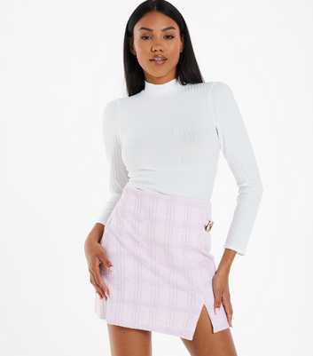 QUIZ Pink Check Bouclé Split Mini Skirt
