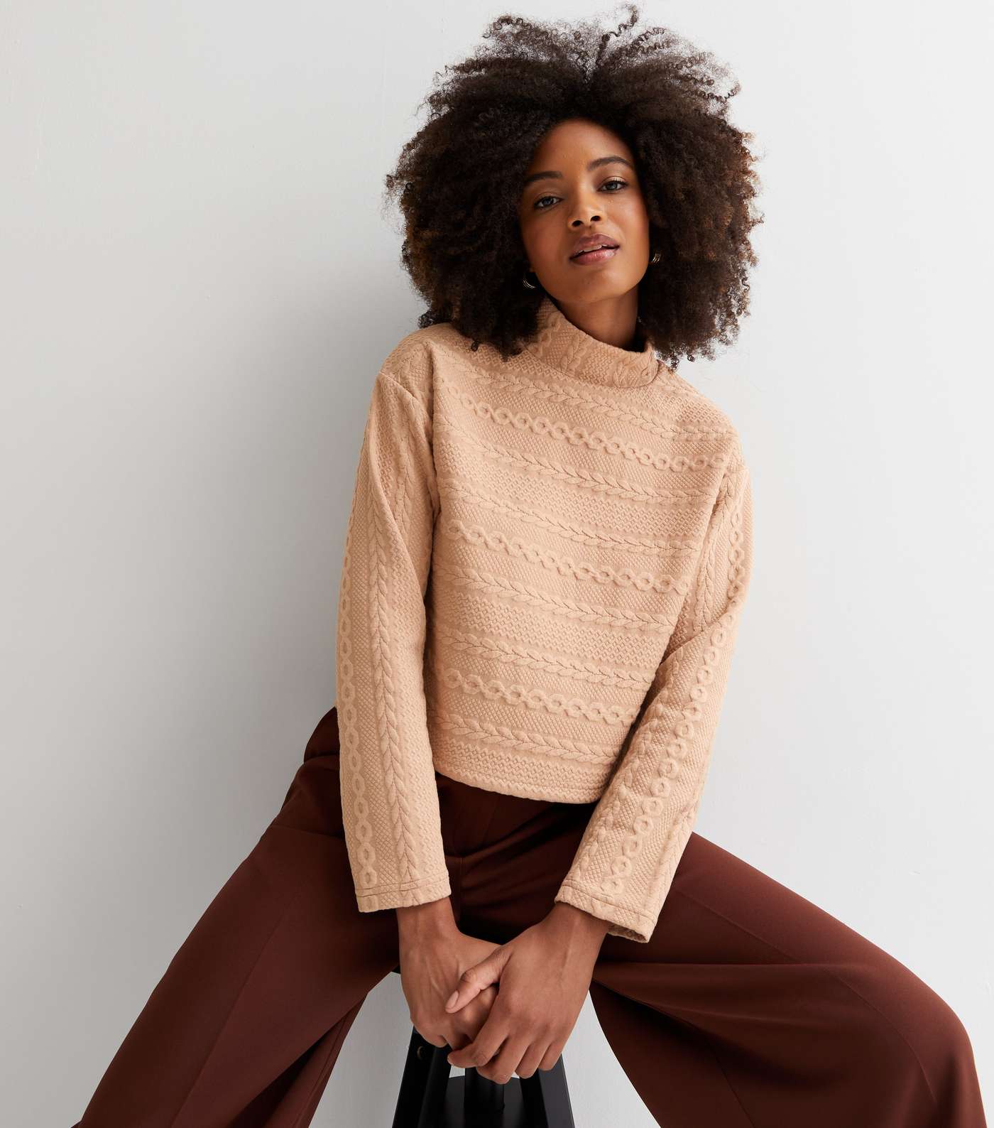 Camel Cable Knit High Neck Boxy Jumper