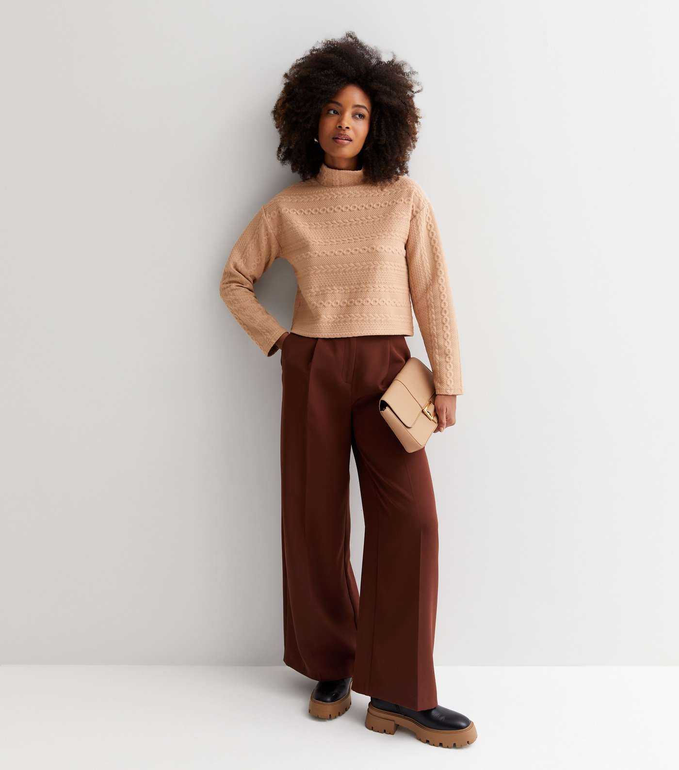 Camel Cable Knit High Neck Boxy Jumper Image 3
