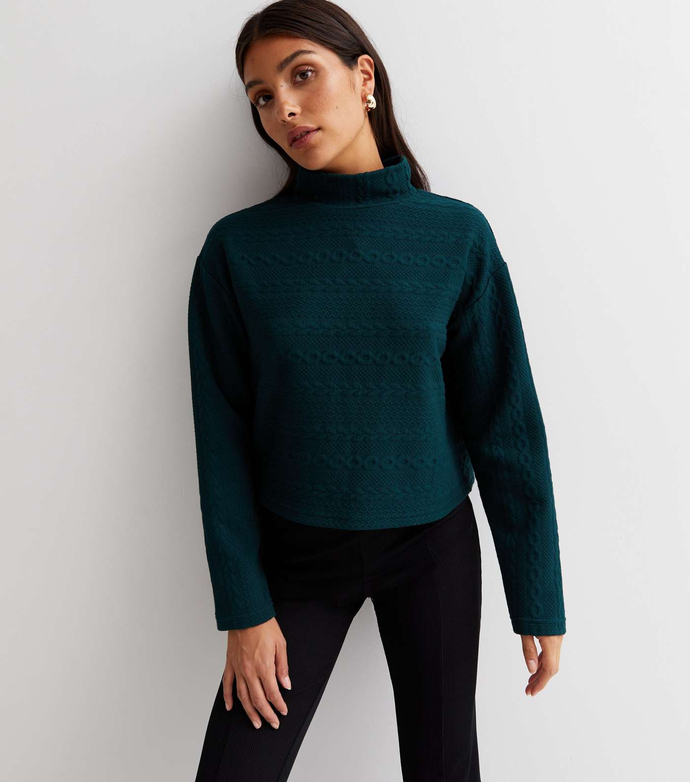 Dark Green Cable Knit High Neck Boxy Jumper