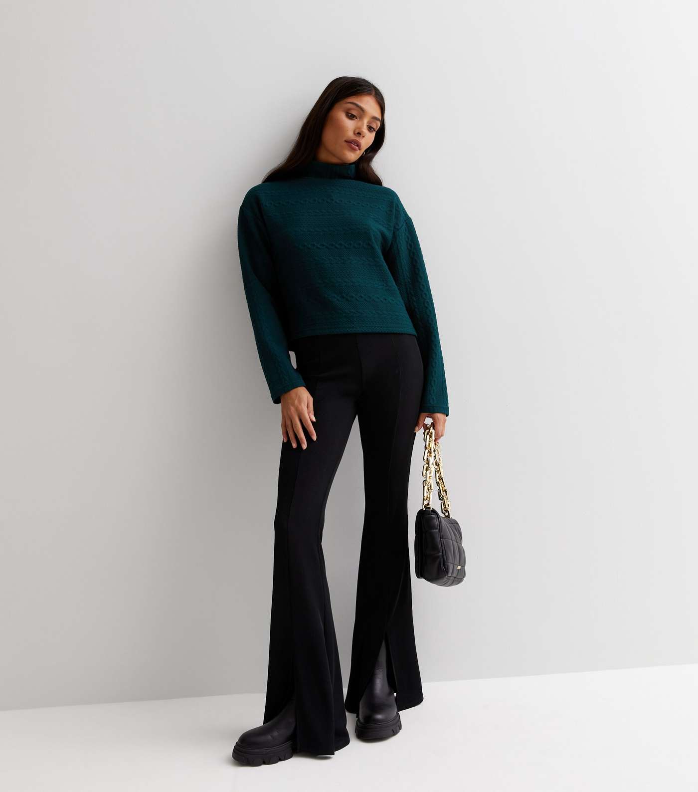 Dark Green Cable Knit High Neck Boxy Jumper Image 3