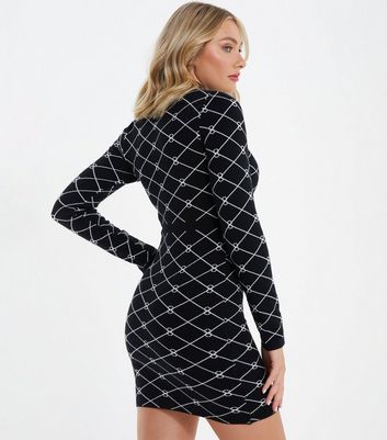 QUIZ Black Geometric Knit Long Sleeve Button Front Mini Dress New Look