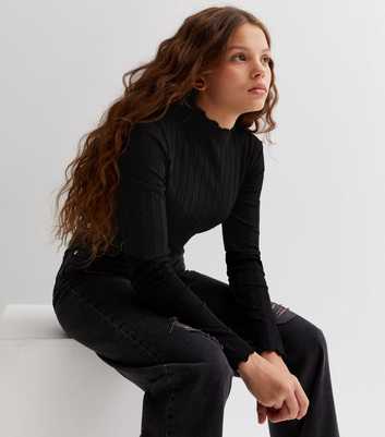 Name It Black Ribbed Knit Frill Long Sleeve Top