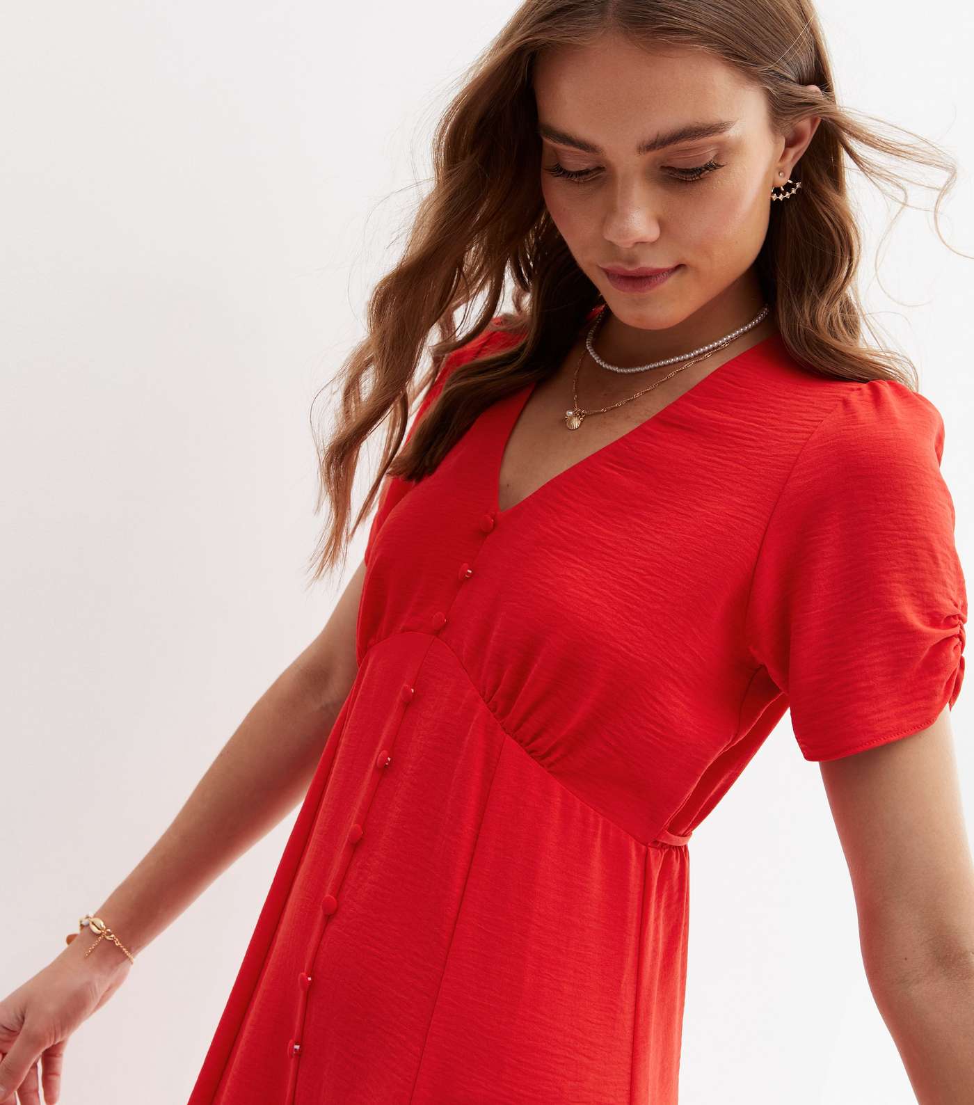 Red Button Front Tie Back Midi Tea Dress Image 3