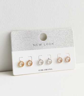 3 Pack Silver Gold and Rose Gold Cubic Zirconia Circle Stud Earrings