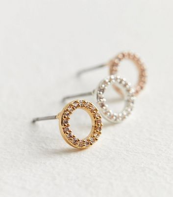 3 Pack Silver Gold and Rose Gold Cubic Zirconia Circle Stud Earrings New Look