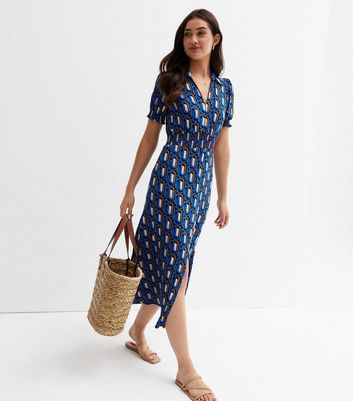 Blue Geometric Collared Short Puff Sleeve Midi Dress