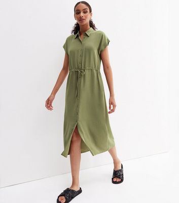 Olive Short Sleeve Drawstring Midi Shirt Dress