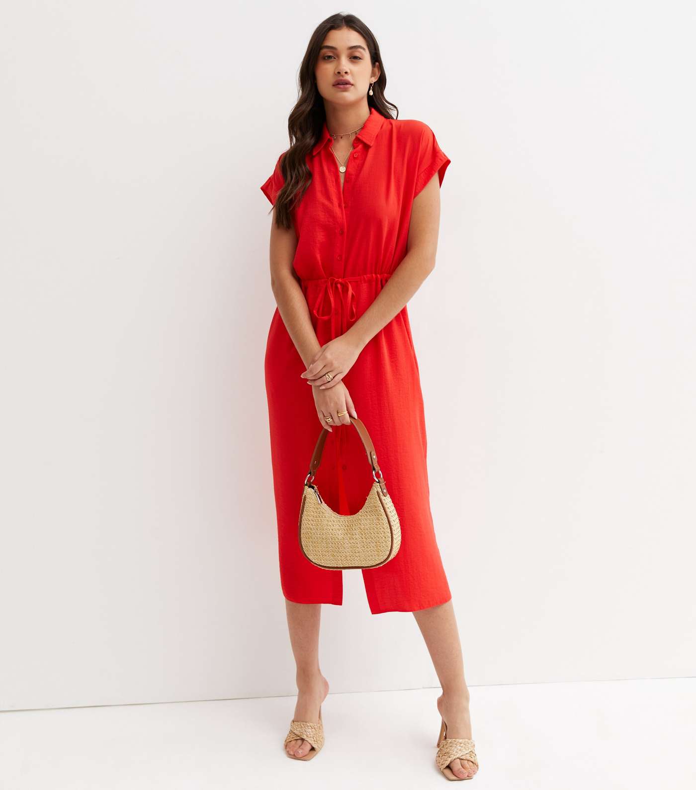 Red Short Sleeve Drawstring Midi Shirt Dress Image 2
