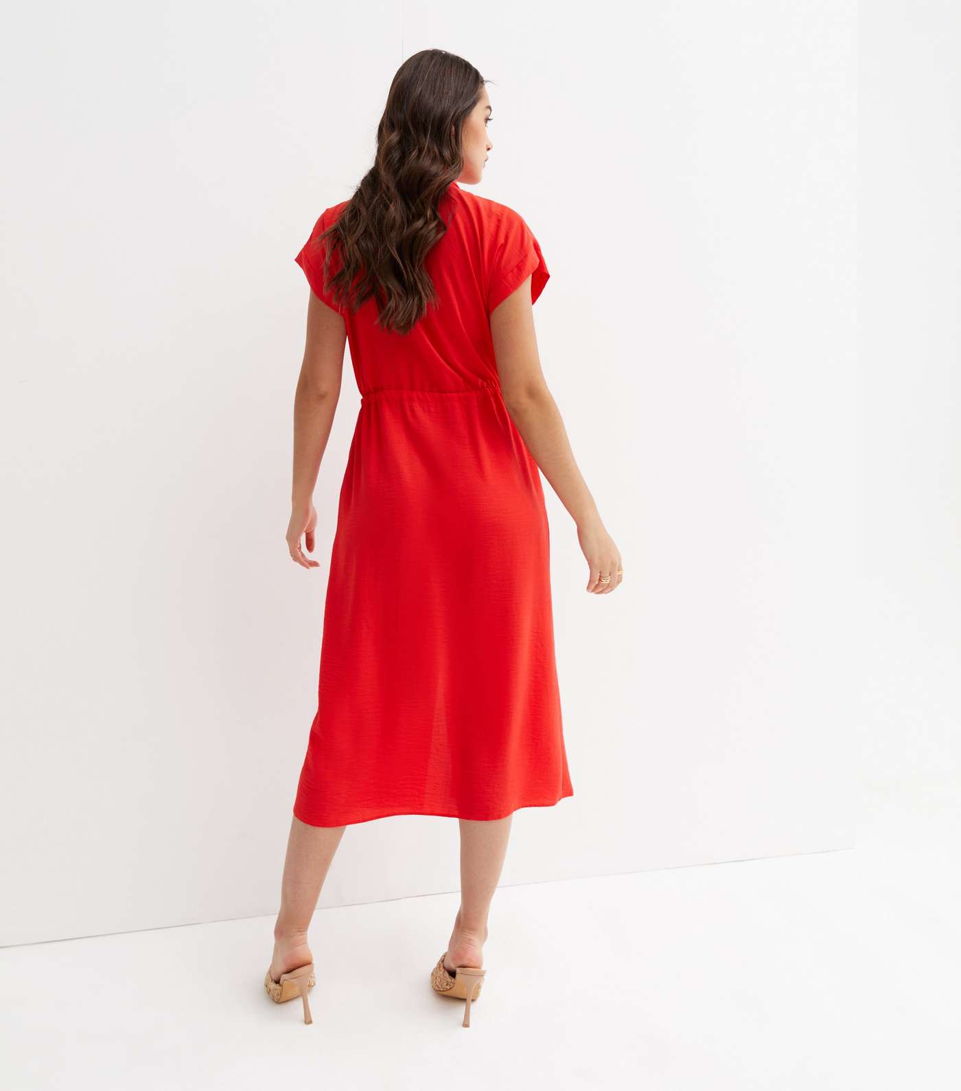 Red Short Sleeve Drawstring Midi Shirt Dress Image 4