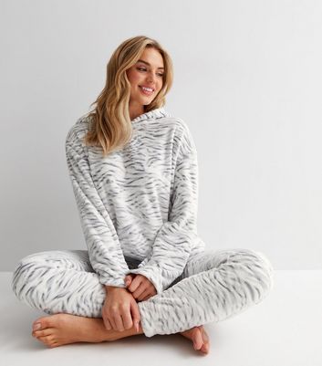 Light Grey Zebra Print Fluffy Lounge Hoodie New Look