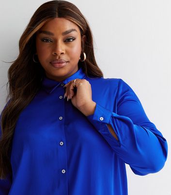 AusLook Plus Size Women Royal Blue 12W Button Down Chiffon Blouse