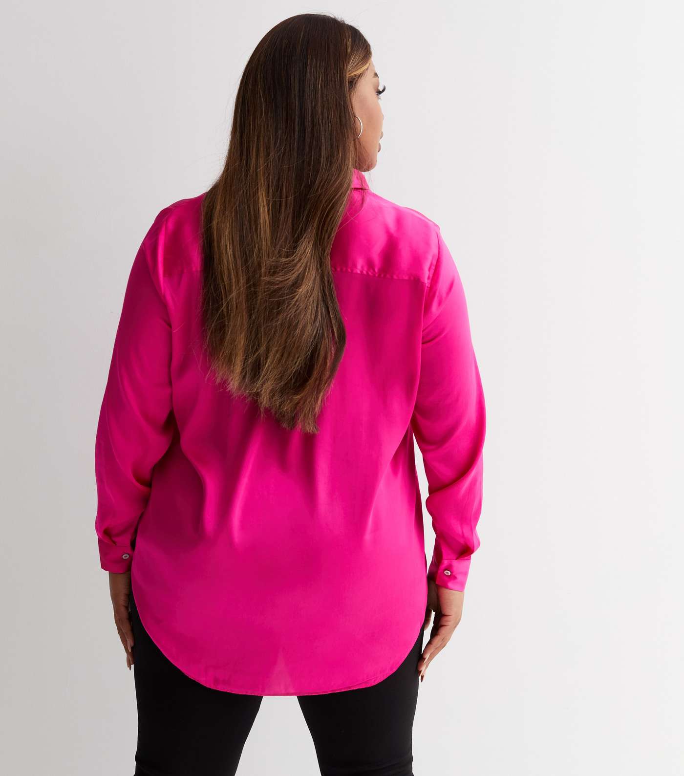 Curves Bright Pink Satin Long Sleeve Shirt Image 4