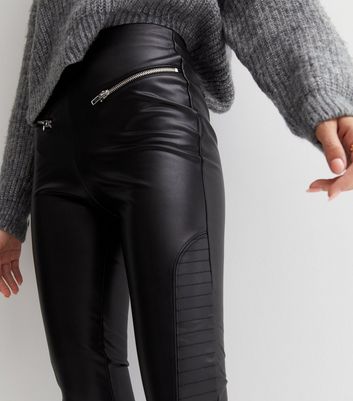 Black Leather-Look Zip High Waist Leggings | New Look