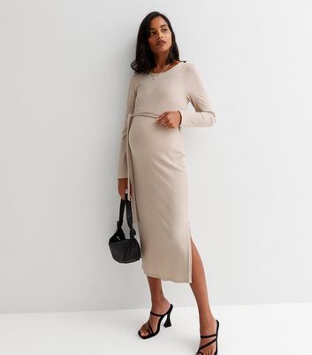 Maternity Stone Ribbed Split Hem Midi 
