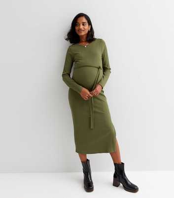Maternity Khaki Ribbed Split Hem Midi Dress