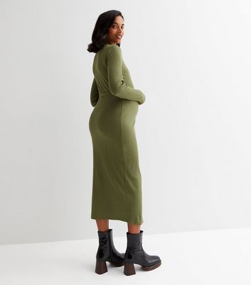 Maternity Khaki Ribbed Split Hem Midi 