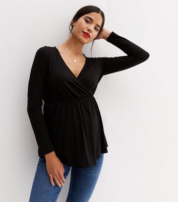 Maternity Black Ribbed Wrap Peplum Nursing Top