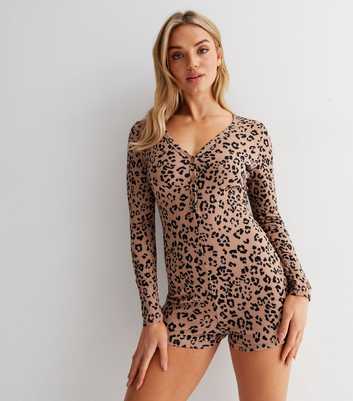 Brown Leopard Print Ribbed Jersey Romper