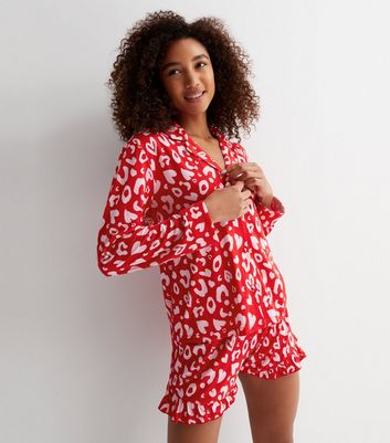 Red Soft Touch Short Pyjama Set with Leopard Heart Print | New Look