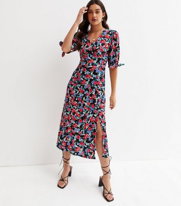 Black Floral Crinkle Jersey V Neck Tie Sleeve Midi Dress