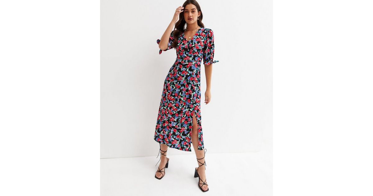 Black Floral Crinkle Jersey V Neck Tie Sleeve Midi Dress | New Look