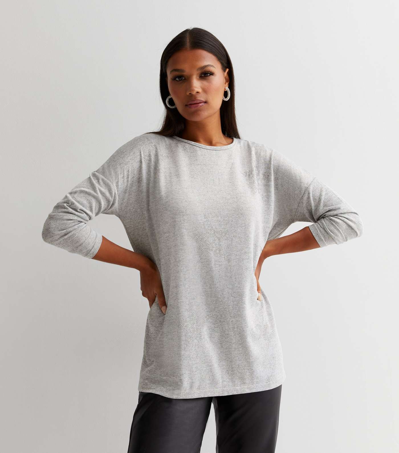 Pale Grey Star Print Long Sleeve Knitted Top Image 2