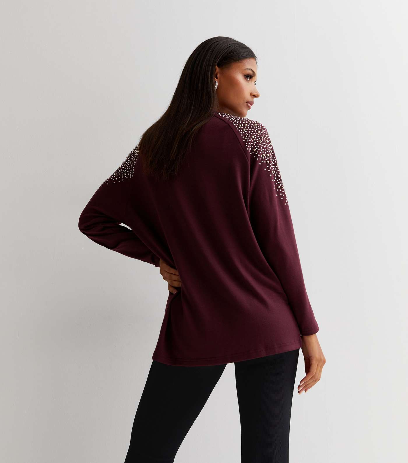Burgundy Round Neck Embroidered Long Sleeve Top Image 4