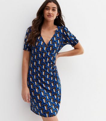 Blue Geometric Short Puff Sleeve Mini Wrap Dress