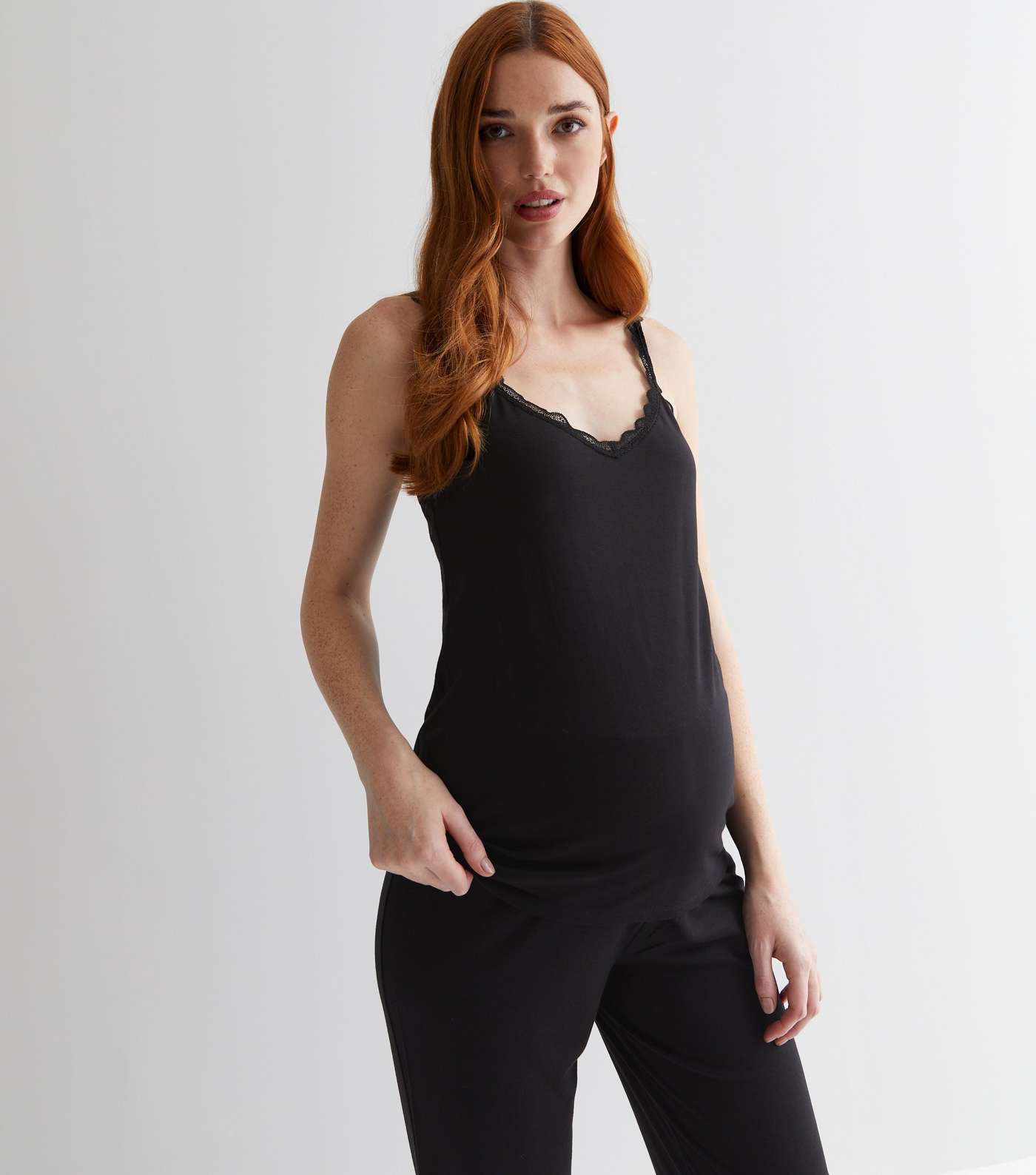Maternity Black Trouser Pyjama Set with Lace Trim Image 2
